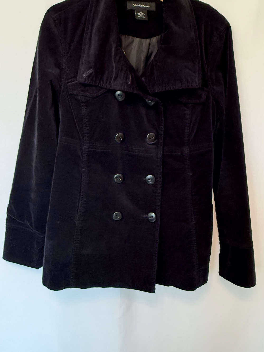 Calvin Klein Jeans Black Velvet Double-Breasted Jacket, Size L – Chic Fall Layer